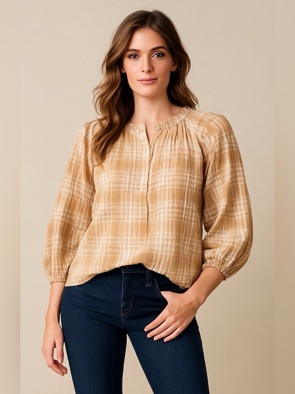 Universal Thread Yellow Plaid, 100% Cotton, Puffed Sleeve Shirt, Size